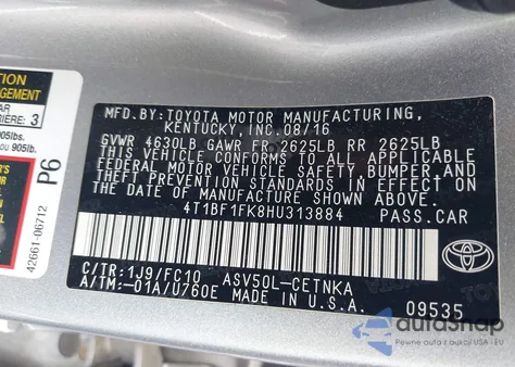 2017 Toyota Camry Le from USA, damaged, VIN 4T1BF1FK8HU313884